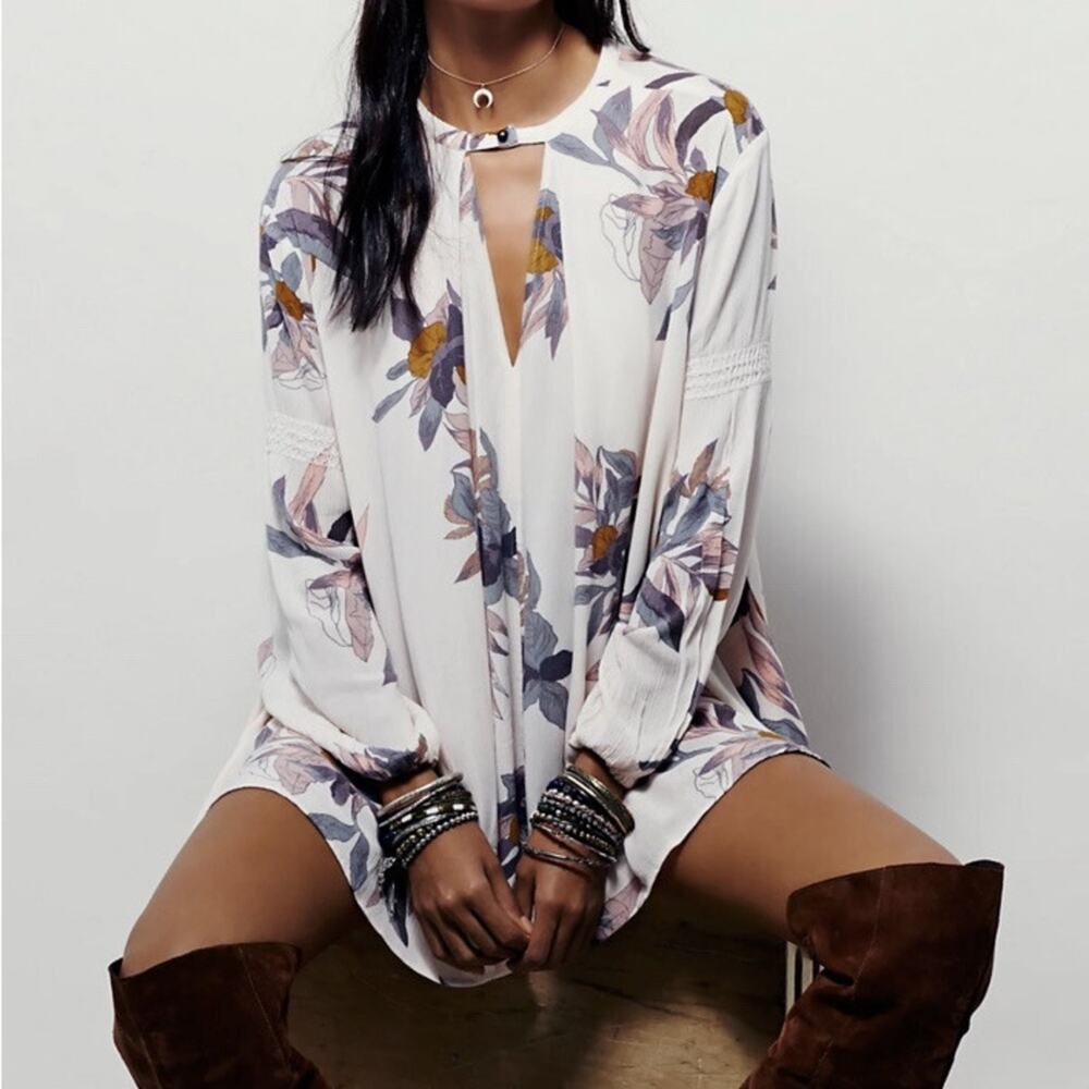 Free People Electric Orchard Swing Tunic Mini Dress Floral Long Sleeve Size XS